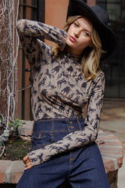 Wild Mustangs Printed Mesh Long Sleeve Fitted Top