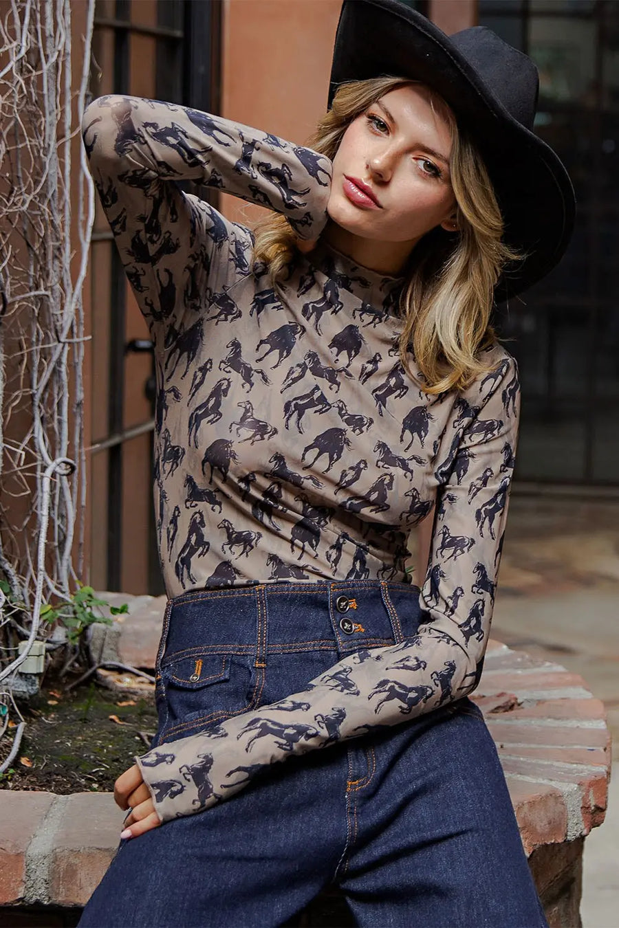 Wild Mustangs Printed Mesh Long Sleeve Fitted Top