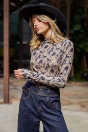 Wild Mustangs Printed Mesh Long Sleeve Fitted Top