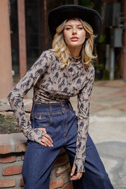 Wild Mustangs Printed Mesh Long Sleeve Fitted Top