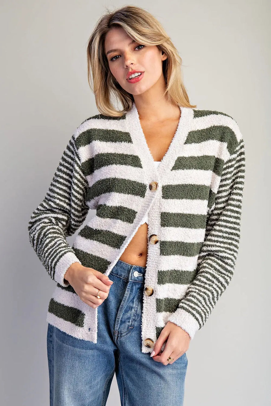 Rugby Stripe Teddy Bear Soft Boucle Cardigan