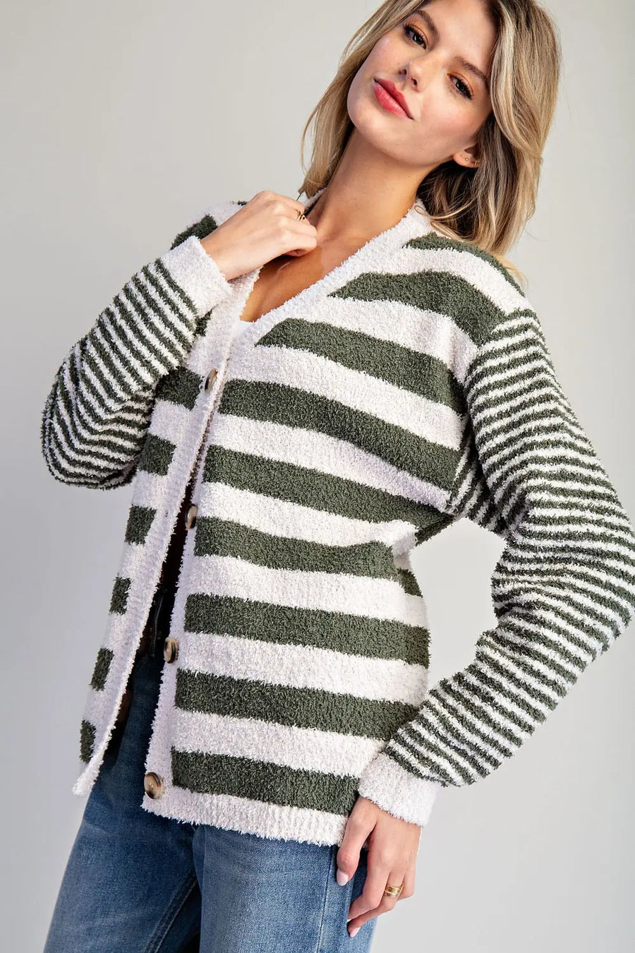 Rugby Stripe Teddy Bear Soft Boucle Cardigan
