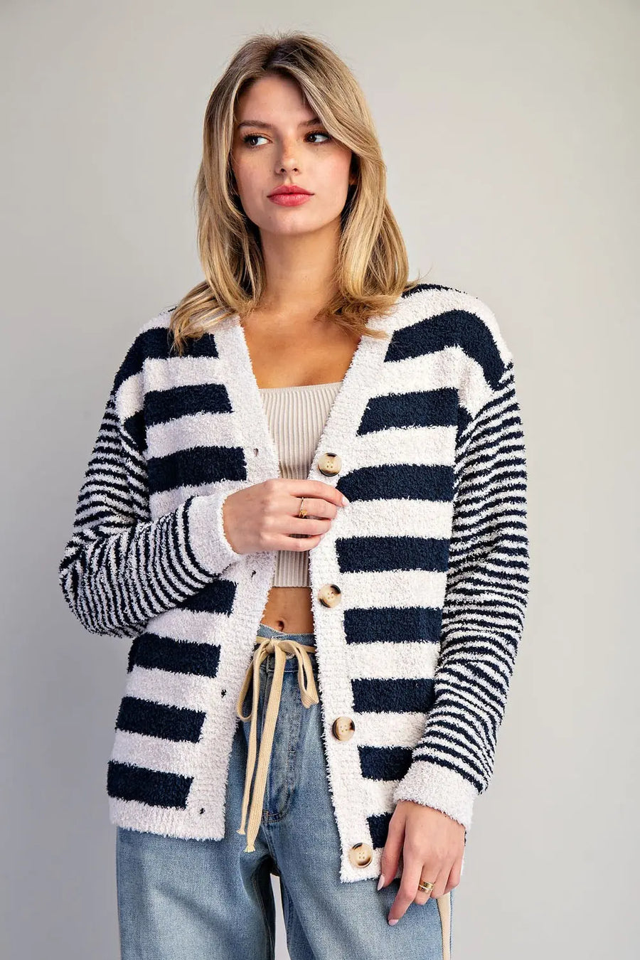 Rugby Stripe Teddy Bear Soft Boucle Cardigan