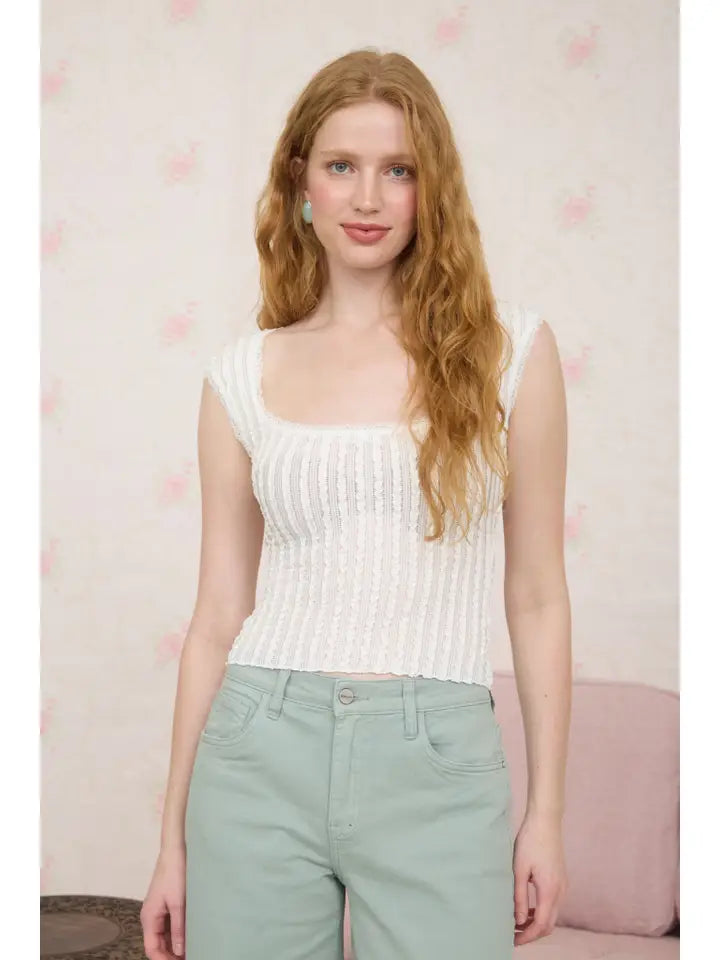 Bambi Ruffle Texture Ribbed Pattern Cap Sleeve Top