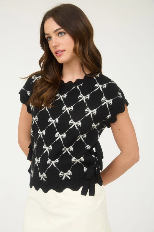 Lil Bo Peep Bow Pattern Cap Sleeve Sweater with Side Ties
