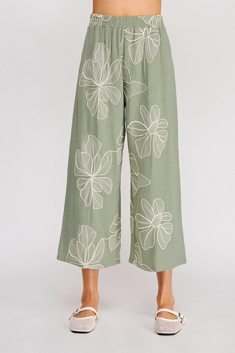 Laurna Botanical Embroidered Linen Ankle Crop Pant