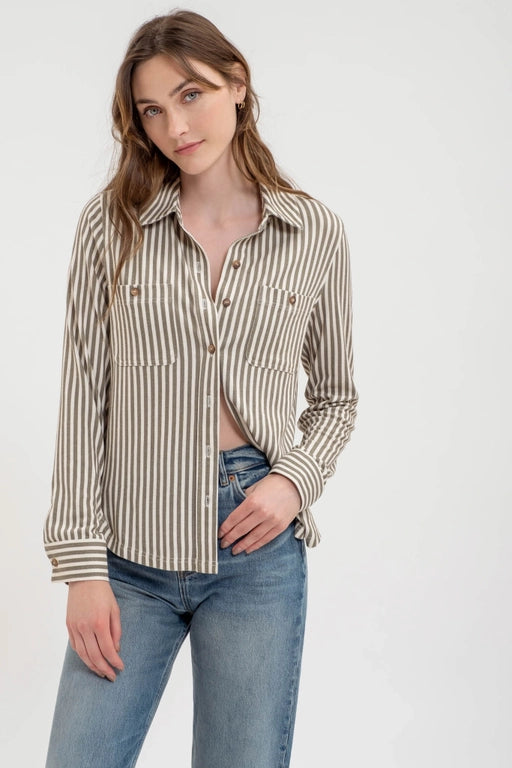 Toni Stripe Collared Long Sleeve Button Down Knit Shirt Blouse