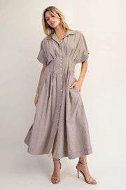 Amye Striped Button Down Pleated Midi Dress