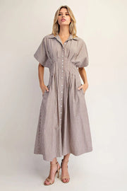 Amye Striped Button Down Pleated Midi Dress