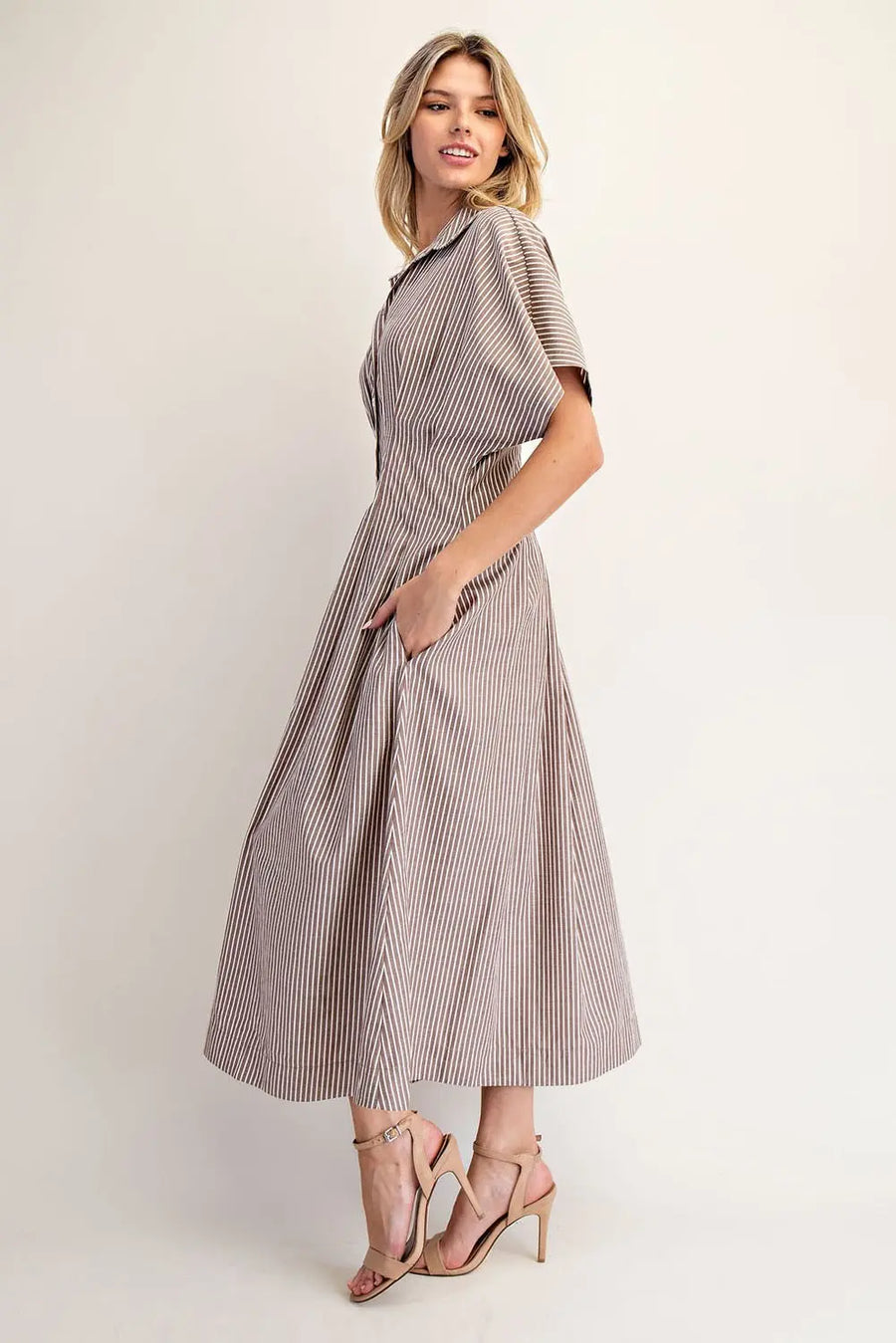Amye Striped Button Down Pleated Midi Dress