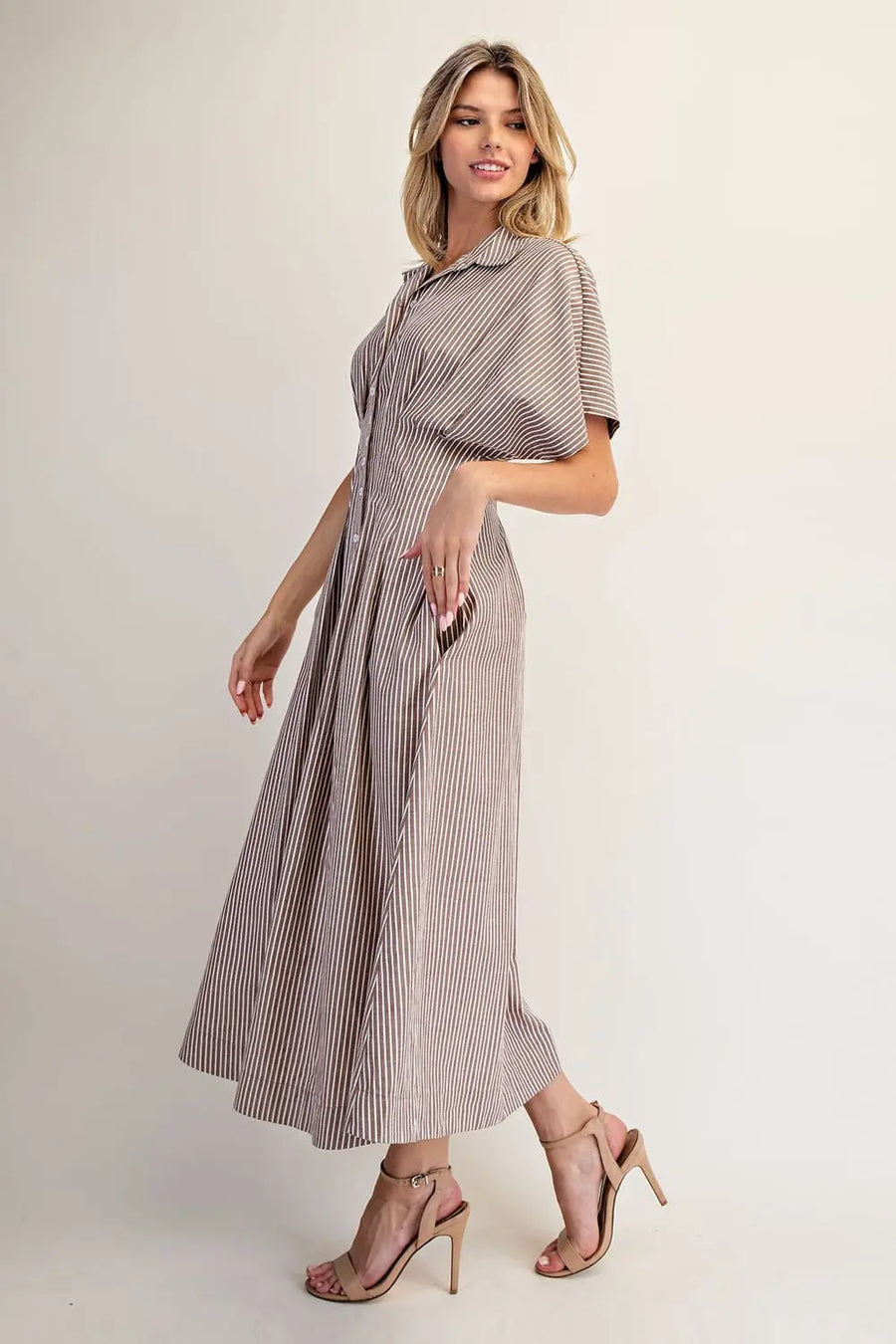 Amye Striped Button Down Pleated Midi Dress