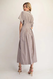 Amye Striped Button Down Pleated Midi Dress