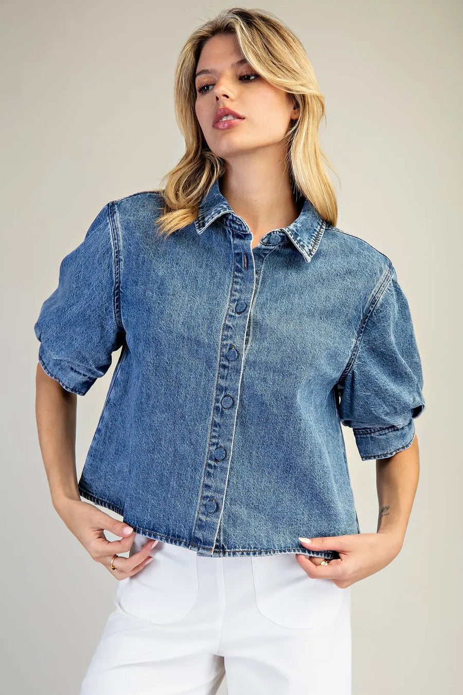 Hollyn Denim Puff Sleeve Button Down Top