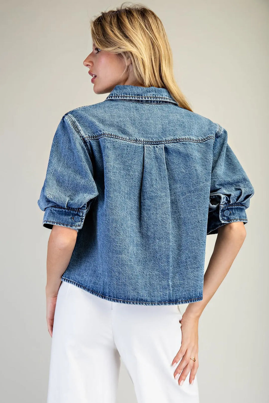 Hollyn Denim Puff Sleeve Button Down Top