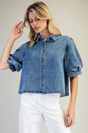 Hollyn Denim Puff Sleeve Button Down Top