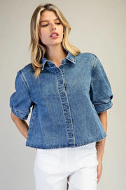 Hollyn Denim Puff Sleeve Button Down Top