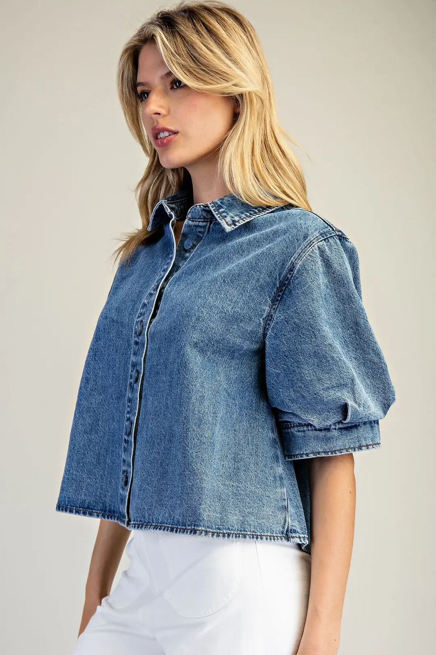 Hollyn Denim Puff Sleeve Button Down Top