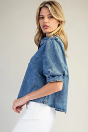 Hollyn Denim Puff Sleeve Button Down Top