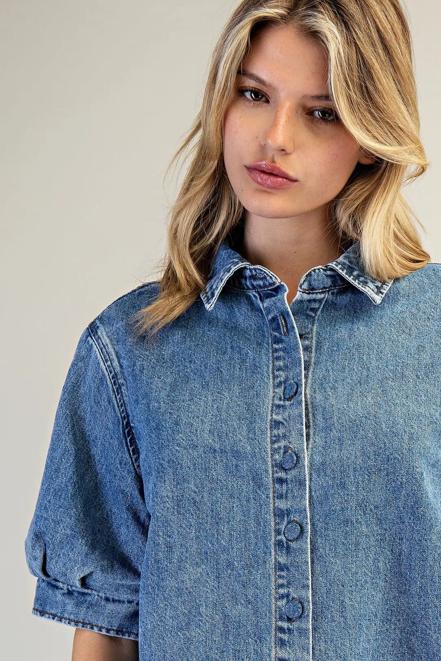 Hollyn Denim Puff Sleeve Button Down Top
