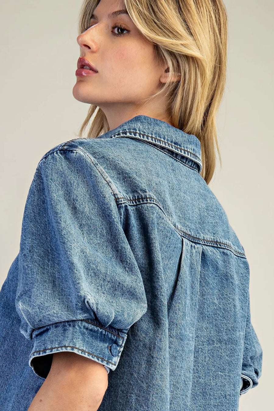 Hollyn Denim Puff Sleeve Button Down Top