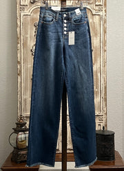 Lennon High Waist Button Fly Wide Leg Denim Jeans with Bottom Fray Hem