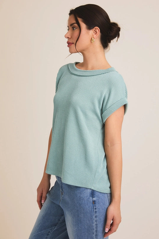 Illeana Cap Roll-Up Sleeve Ribbed Knit Top