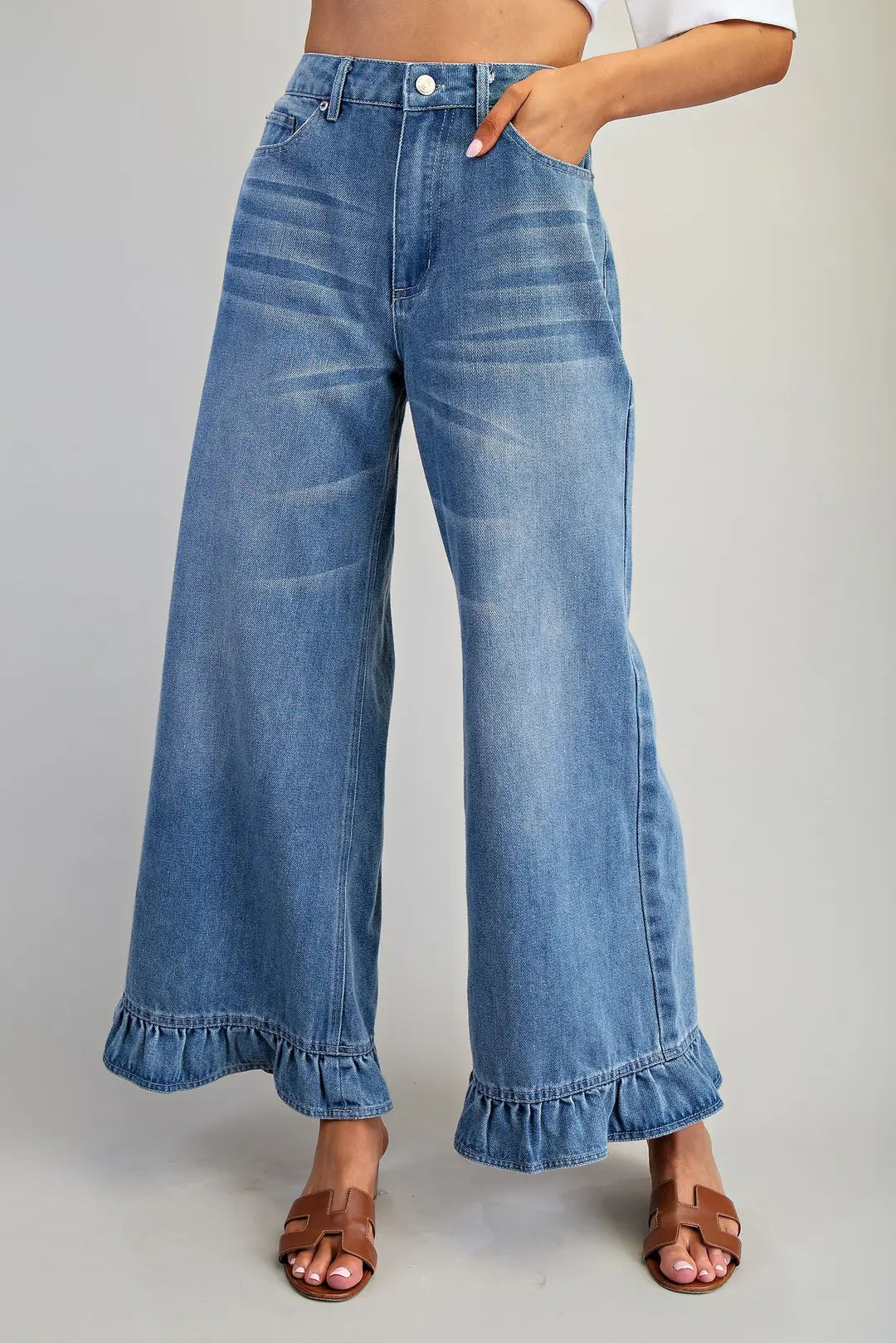 Maggie Mae Washed Denim Ruffle Hem Jeans