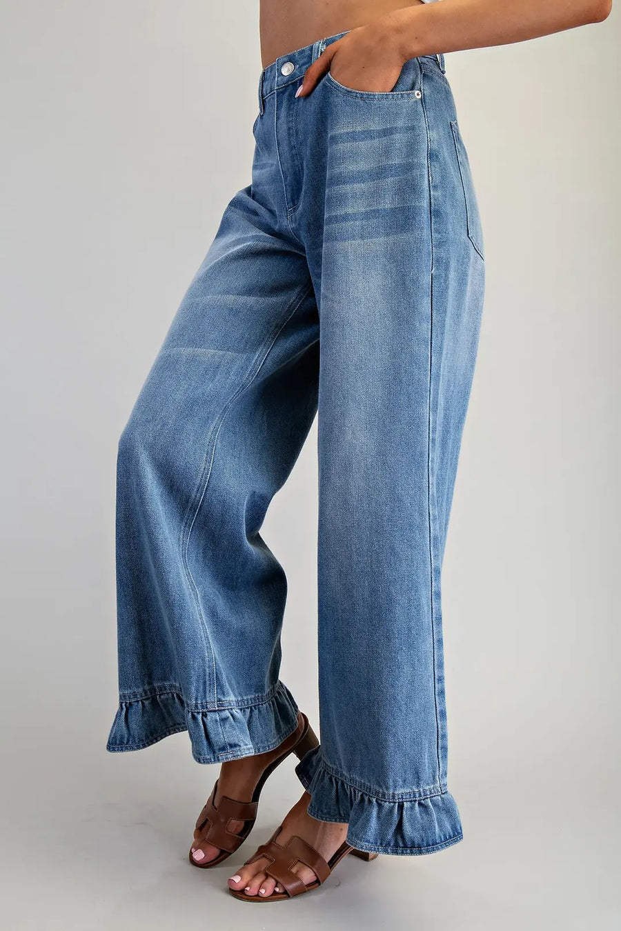 Maggie Mae Washed Denim Ruffle Hem Jeans