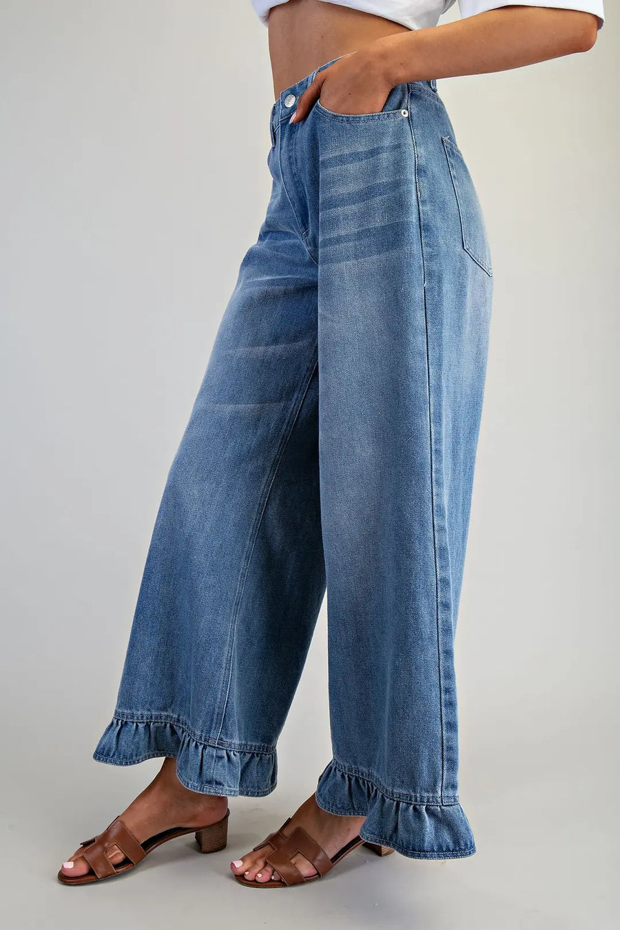 Maggie Mae Washed Denim Ruffle Hem Jeans