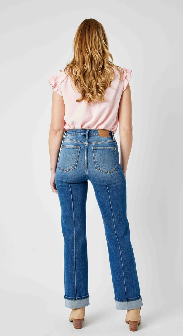 Felon High Waist Front Seam Detail Cuffed Straight Denim Jeans