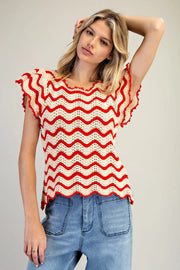 Old Glory Flutter Sleeve Wavy Stripe Crochet Knit Top