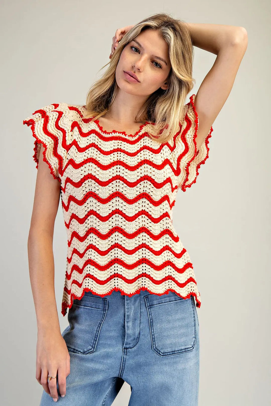 Old Glory Flutter Sleeve Wavy Stripe Crochet Knit Top