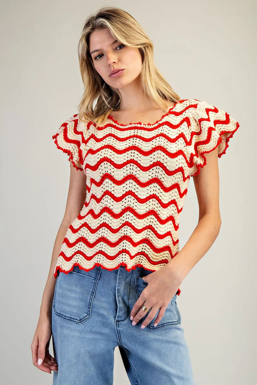 Old Glory Flutter Sleeve Wavy Stripe Crochet Knit Top