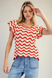 Old Glory Flutter Sleeve Wavy Stripe Crochet Knit Top