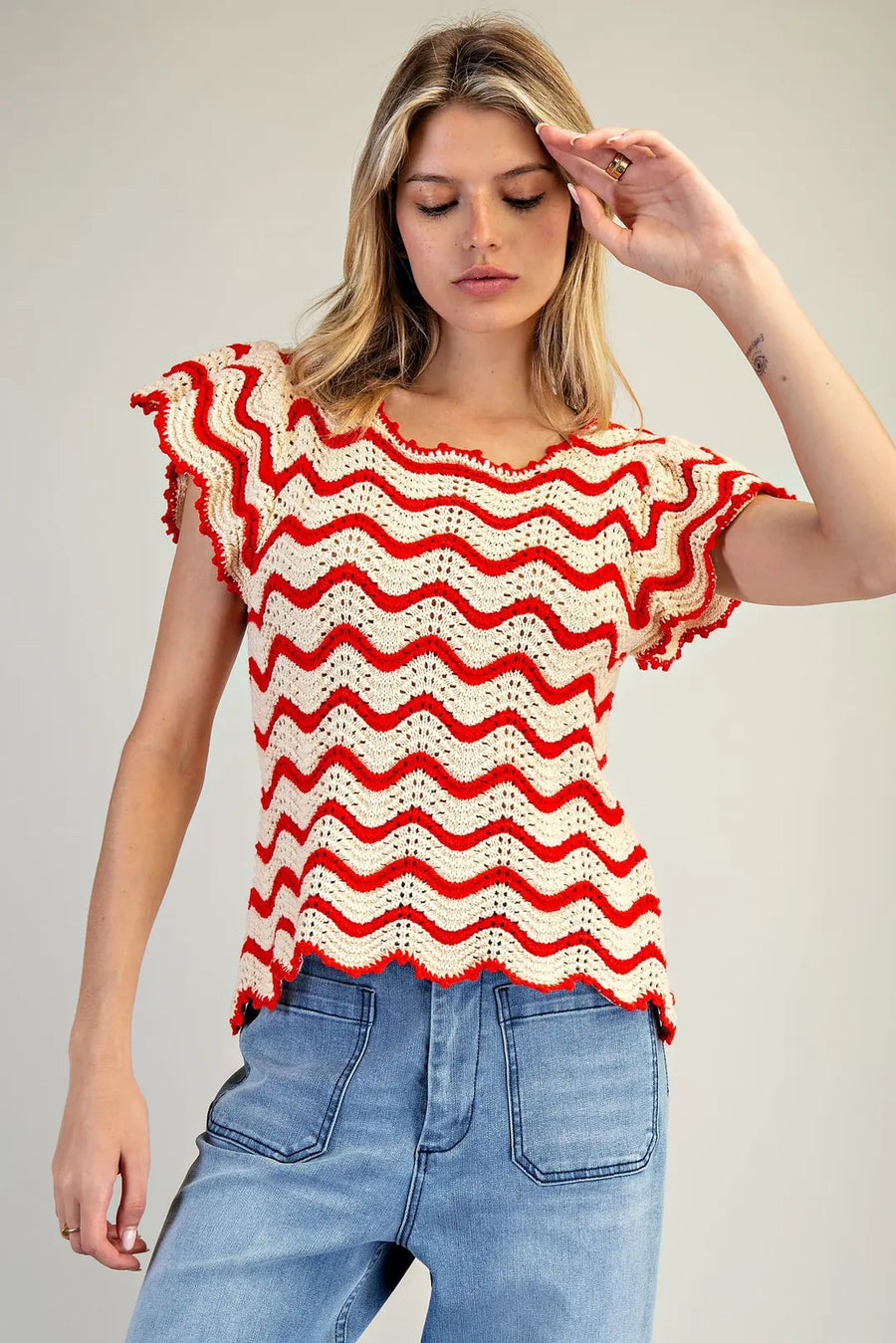 Old Glory Flutter Sleeve Wavy Stripe Crochet Knit Top