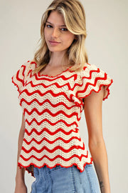 Old Glory Flutter Sleeve Wavy Stripe Crochet Knit Top