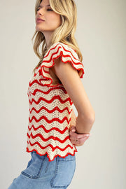 Old Glory Flutter Sleeve Wavy Stripe Crochet Knit Top