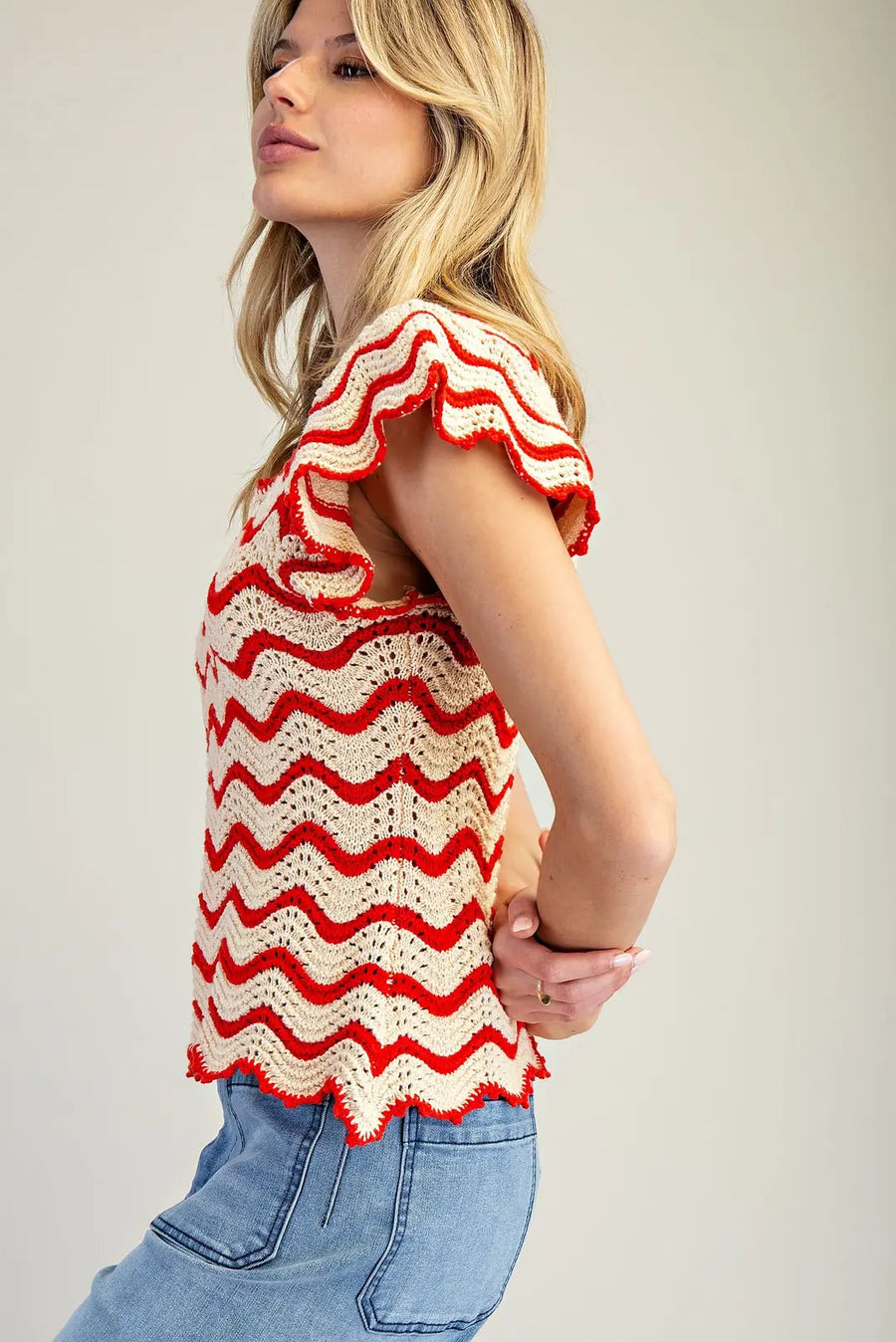 Old Glory Flutter Sleeve Wavy Stripe Crochet Knit Top