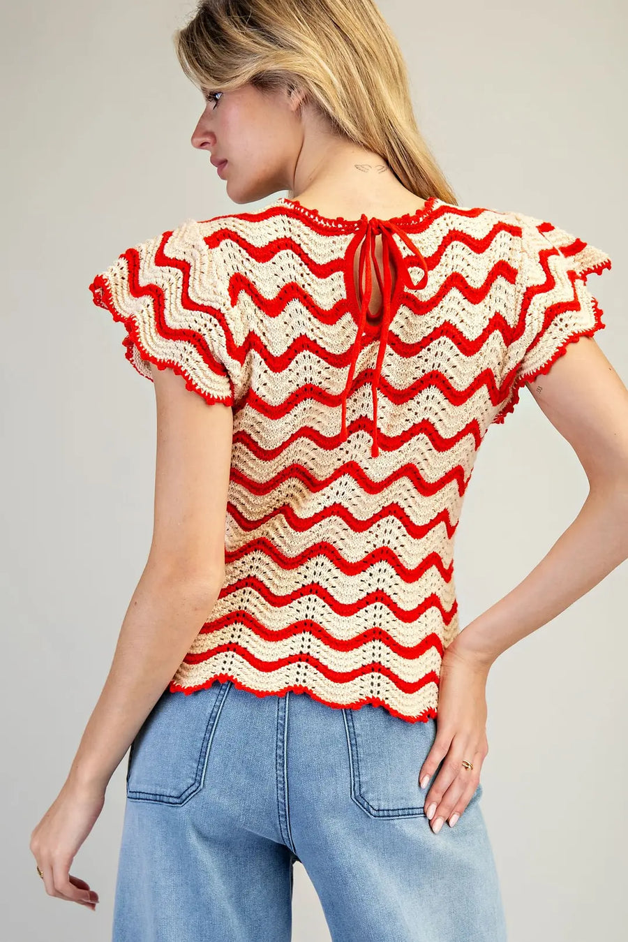 Old Glory Flutter Sleeve Wavy Stripe Crochet Knit Top