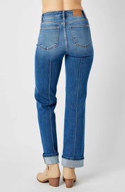 Felon High Waist Front Seam Detail Cuffed Straight Denim Jeans