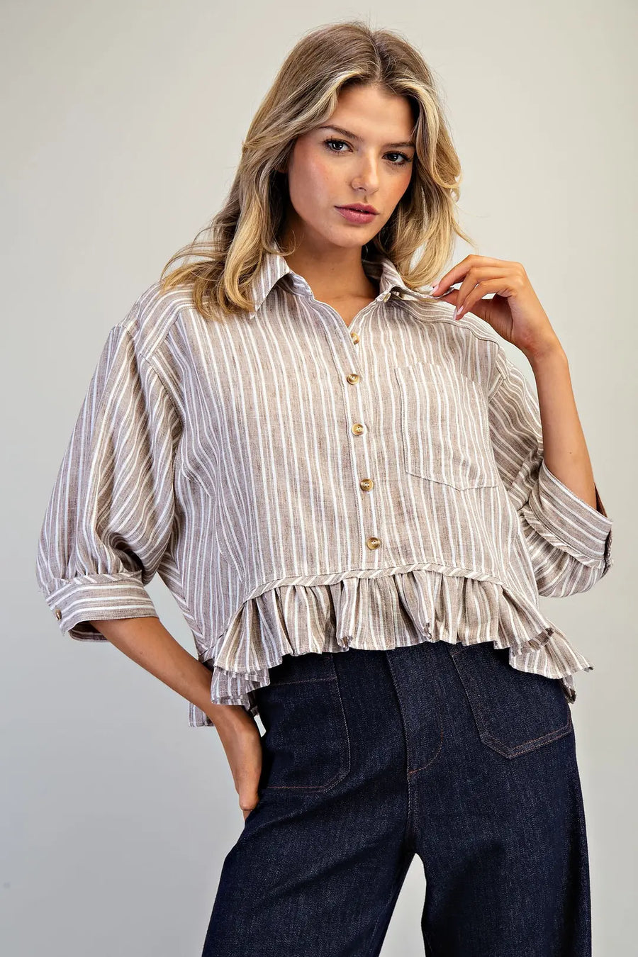 Tamisha Stripe Ruffle Hem Button Front Top