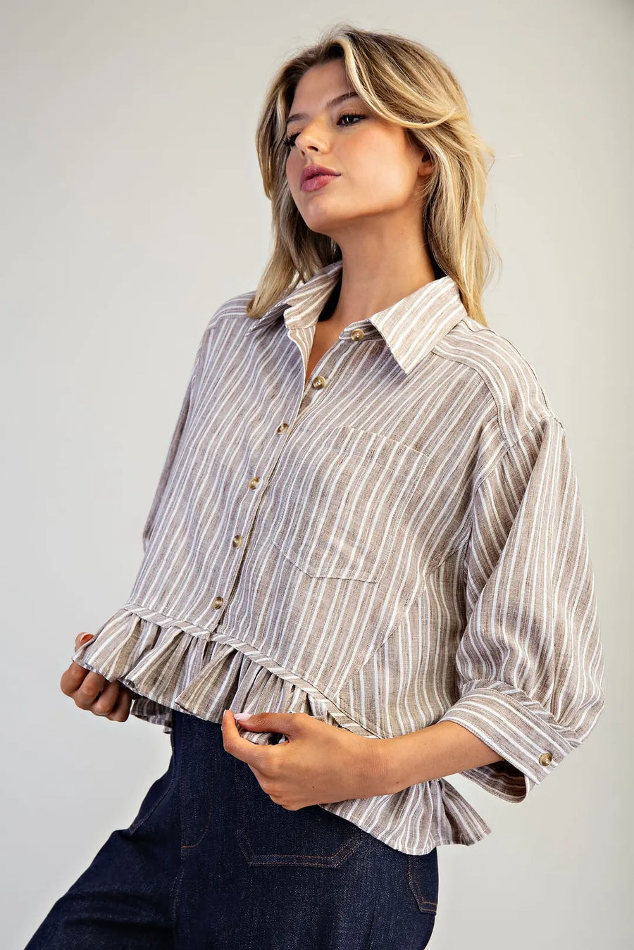 Tamisha Stripe Ruffle Hem Button Front Top