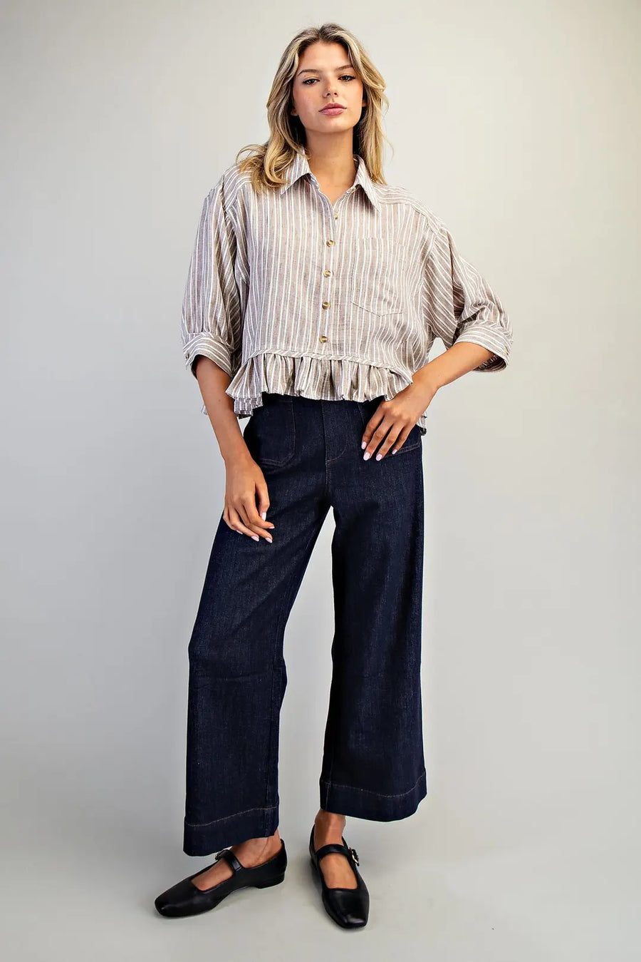 Tamisha Stripe Ruffle Hem Button Front Top