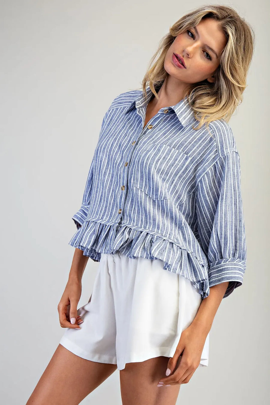 Tamisha Stripe Ruffle Hem Button Front Top