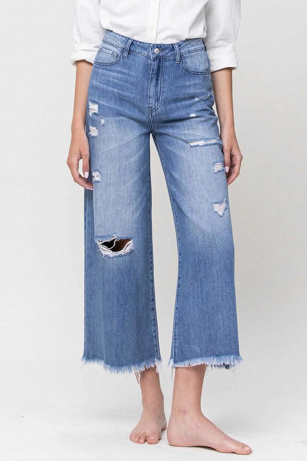 Beautiful CrAzY Super High Rise Wide Leg Crop Denim Jeans with Frayed Hem