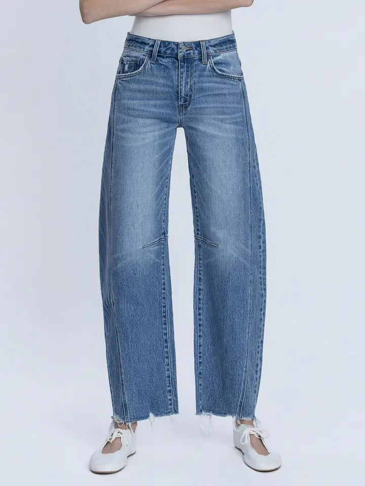 Ranger High Rise Raw Hem Seam Detail Barrel Leg Jeans