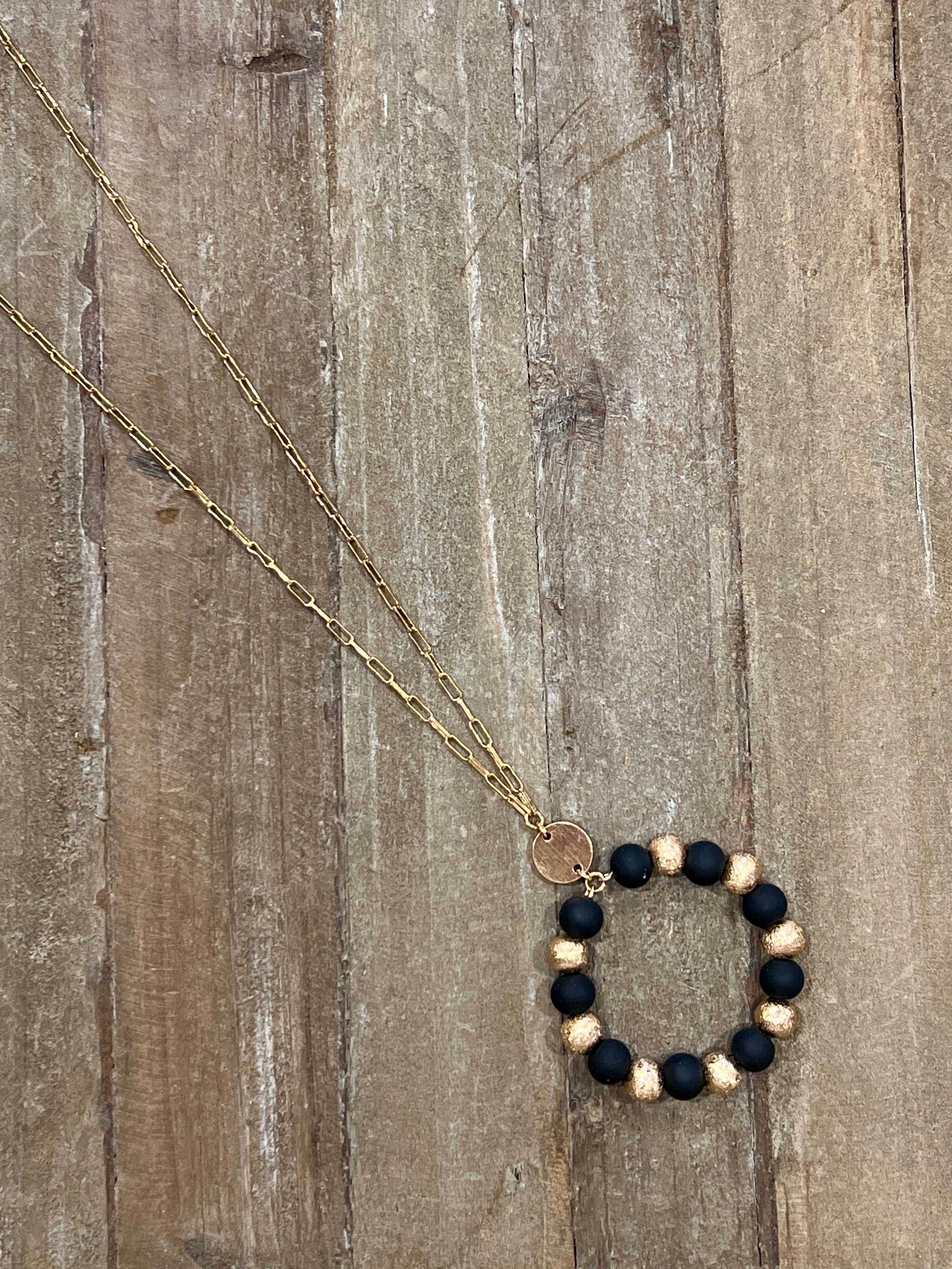 Long Necklace with Wooden and Gold Beaded Round Pendant