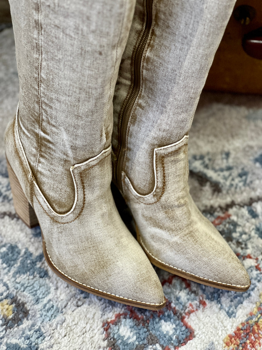 Hey Girl by Corkys "Talk Is Cheap" Washed Beige Denim Tall Boots