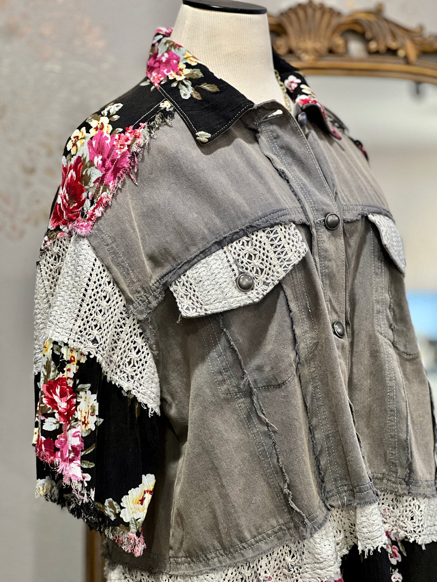 Shirley Oversized Half Sleeve Charcoal Roses Button Down Top/Jacket