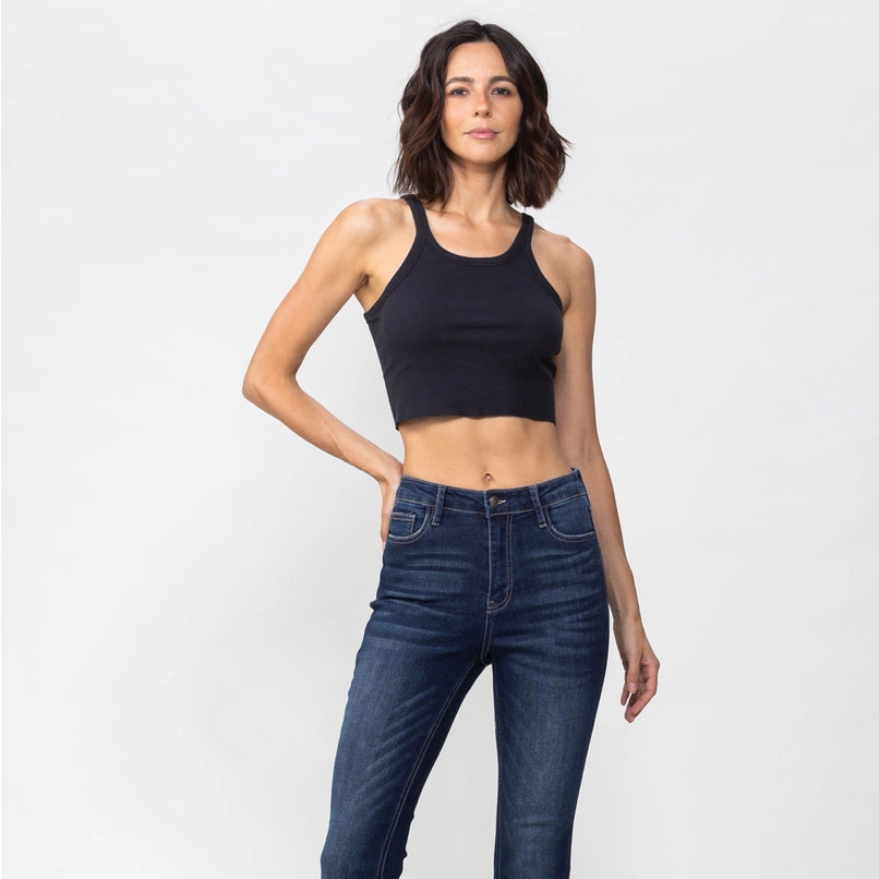 Alanis High Rise Dark Indigo Flare Fray Hem Denim Jeans